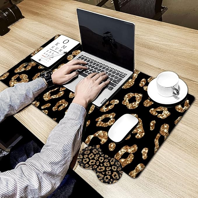 Large Gaming Mouse Pad, 31.5x11.8 in Extended Computer Mouse Mat with Non-Slip PU Base, Ergonomic Memory Foam Keyboard Wrist Rest,for Work Gaming, Rose Gold Glitter Psalm 465 Black Office Desk Pad