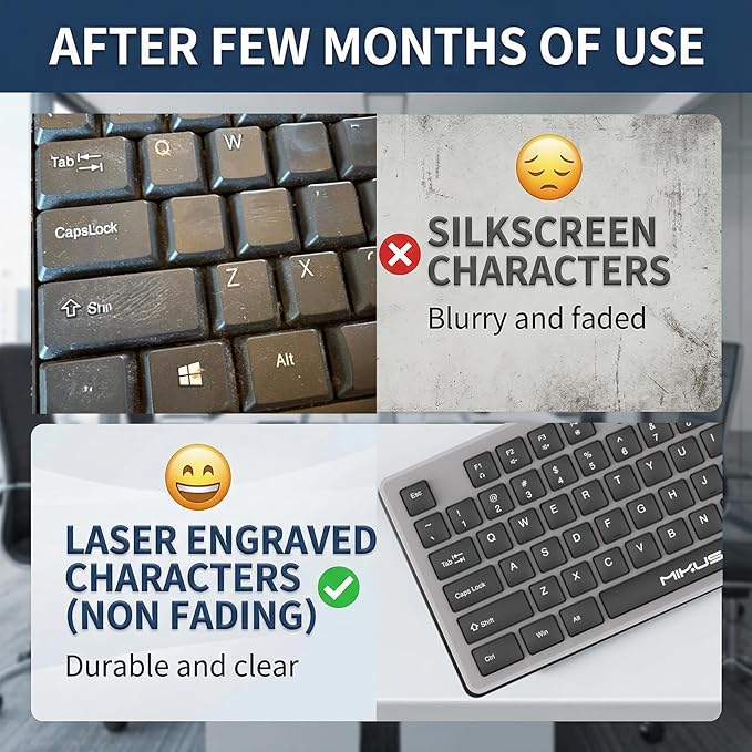 Wired Full Size Keyboard, 104 Keys Laser-Etched Non-Fade, 1.6m USB-A Cord, Spill-Resistant with Dust Cover, Ergonomic for Windows Mac PC Laptop, Office Home Business Programming