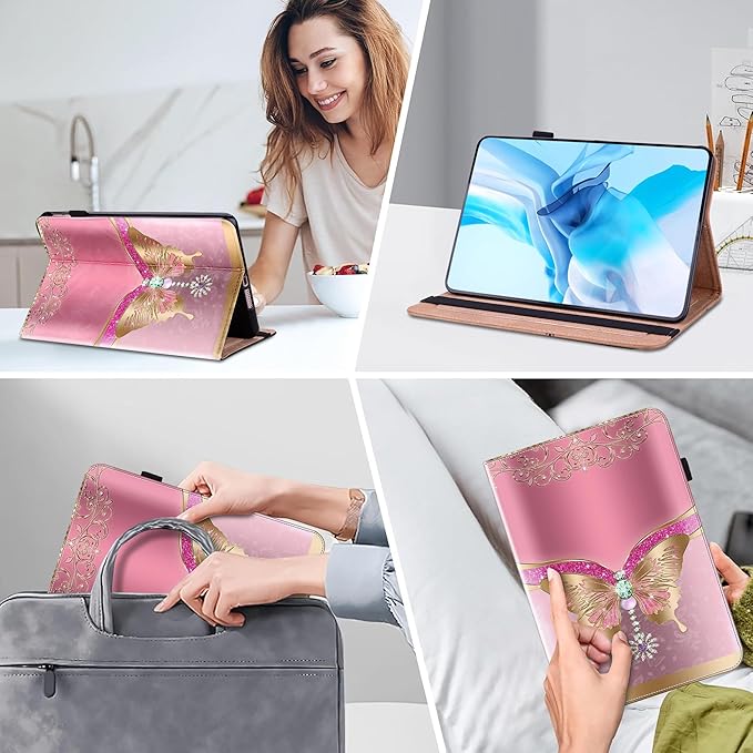 Case for iPad 9th/8th/7th Generation 10.2 Inch (2021/2020/2019), iPad Air 3 2019/ Pro 10.5 2017 Case with Auto Wake/Sleep & Elastic Band, Multi-Angle Viewing Stand Cover - Pink Butterfly
