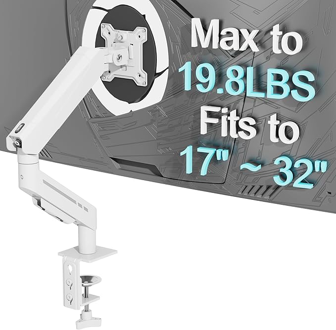 THEARK Single Monitor Desk Mount 17"-32" Screens - Adjustable Gas Spring Monitor Arm Computer Monitor Stand up to 19.8 lbs,VESA Arm Desk Mount with C-Clamp and Grommet Base,VESA 75x75/100x100mm,White