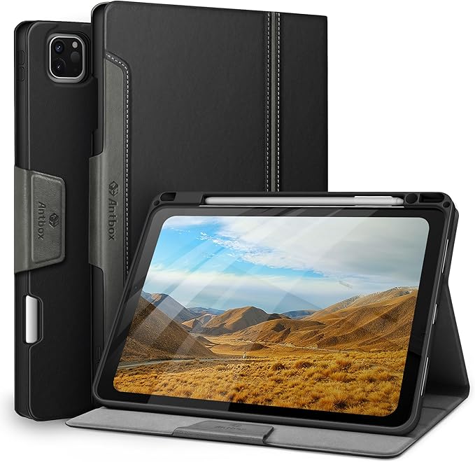 Antbox Case for iPad Pro 11 inch 4th Generation (2022)/3rd/2nd/1st Gen Vegan Leather with Pencil Holder Auto Sleep/Wake Function iPad Pro 11 Cover (Black)
