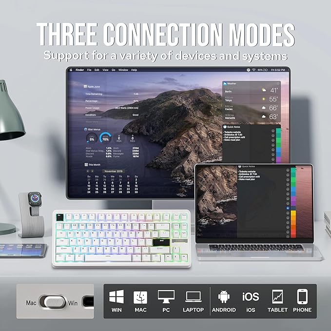 EPOMAKER TH85 QMK/VIA Wireless Gaming Keyboard, BT5.0/2.4GHz/USB-C, Hot Swappable Pre-lubed Custom Milk Blue Tactile Switches, Gasket Creamy Keyboard for PC/Mac/Office/Gaming (White)