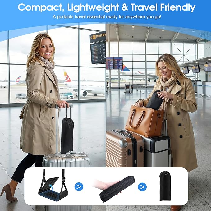 2 Pack Airplane Foot Rest - Lightweight Foot Hammock for Plane Travel with Adjustable Strap & Thick Board, Tray Table Under Desk Footrest to Relax Feet, Travel Essentials for Long Flights(Black)