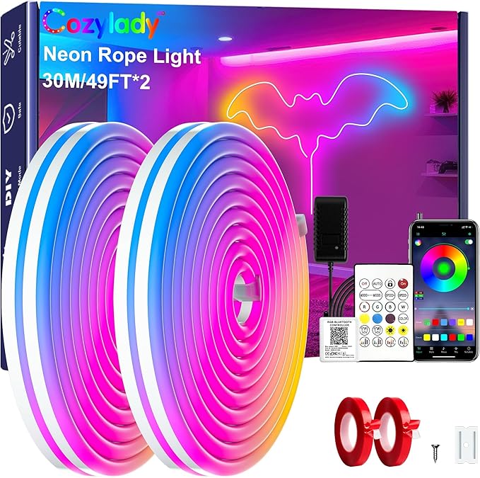 Cozylady RGB Neon LED Rope Lights, Waterproof Bluetooth APP Remote Control Music Sync Strip Lights, 24V Flexible DIY Silicone Light for Bedroom Home Indoor Outdoor Decor (30M/100Ft)