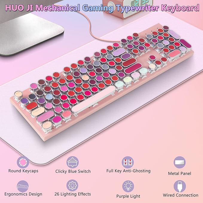 HUO JI Mechanical Gaming Keyboard Typewriter Style with RGB Side Lit and Purple LED Backlit, Retro Style, Blue Switches - Clicky, Metal Panel, Lipstick 104 Keys USB Wired for Mac, PC, Cute Pink