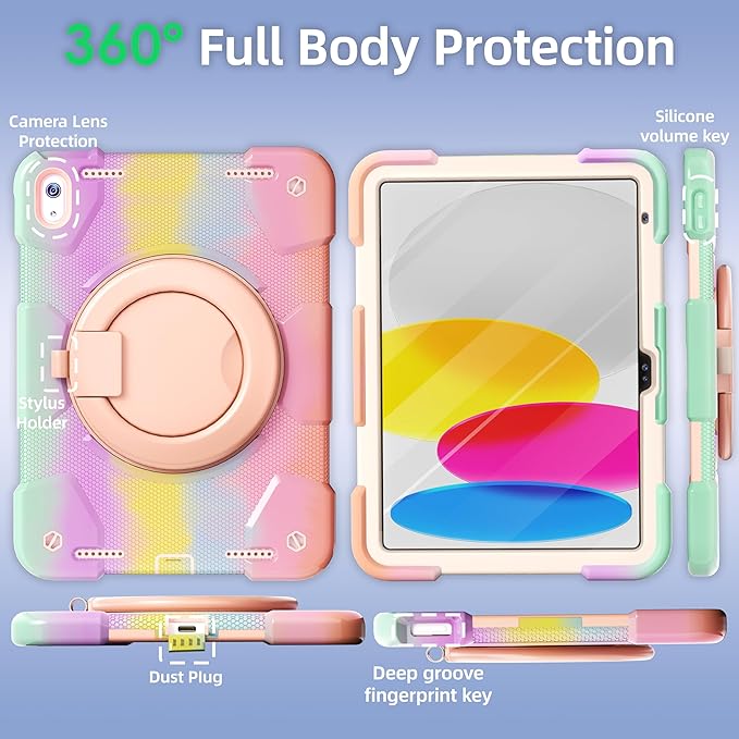 Andnary Case for iPad (A16) 11th Generation 11 inch 2025/10th Generation 10.9 inch 2022, Shockproof Cover with Screen Protector/360° Rotate Handle/Bracket/Pen Holder/Shoulder Strap (Colorful Pink)