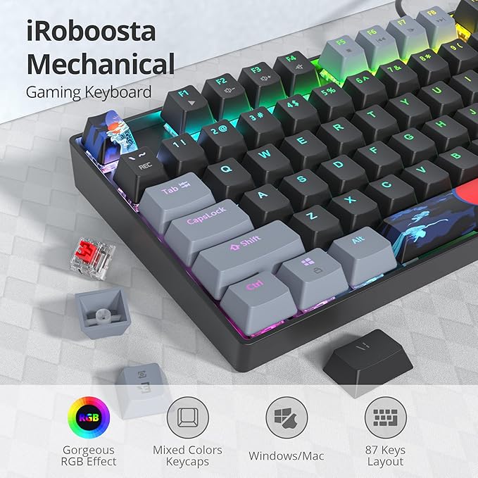 75% Mechanical Gaming Keyboard with Red Switch, RGB LED Backlit Keyboard Black, 87 Keys Compact TKL Wired Computer Keyboard for Windows Laptop PC Gamer (87 Dark)