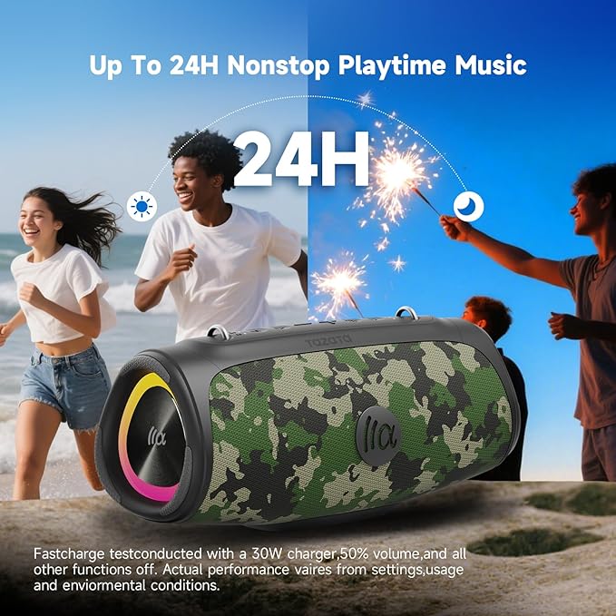 TAZATA Portable Bluetooth Speaker 60W RMS,90W Peak Loud Subwoofer Wireless Stereo with HD Sound,8H Playtime IPX7 Waterproof for Party cmaping Beach