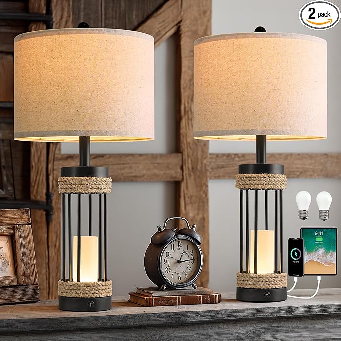 OYEARS 25" Table Lamps Set of 2 with Night Light, Rustic Bedside Lamps with USB C+A Charging Ports, Black Metal Lamp with Rope Accent and Frosted Glass, Farmhouse Lamps for Living Room Bedroom