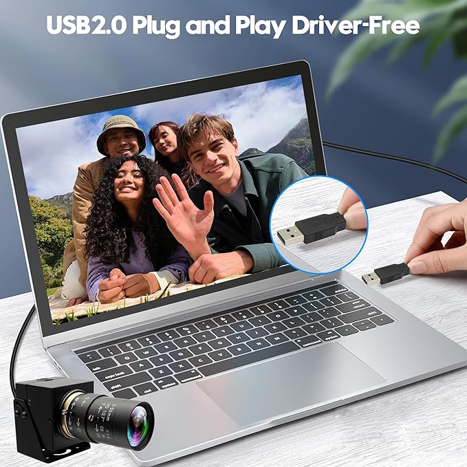 4K Ultra HD USB Webcam, 5-50mm 10X Optical Manual Zoom Lens, 2160P High Definition Camera for Live Streaming, Video Conference, Lightburn, Plug & Play for Windows Mac OS Linux