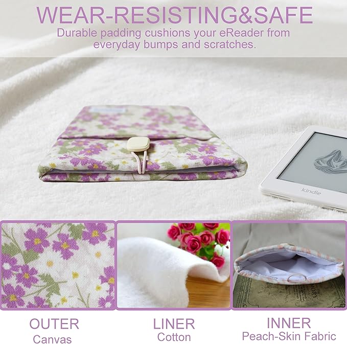 Padded eReader Sleeve Tablet Bag Pouch for Paperwhite, Colorsoft,Signature Edition, Voyage,Scribe/Kobo eReader,Floral Book Protector for Paperbacks and Small Hardcovers (Purple, Large)