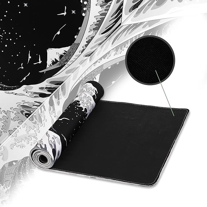 MEWOOCUE® Gaming Mouse Pad for Desk,Large Sea Wave Mousepad Laptop,Black White Japanese Anime Mouse Mat,Long XXL Waterproof Keyboard Pads,Big Non-Slip Mouse Pads for Game Office Home（31.5 x 11.9 in）