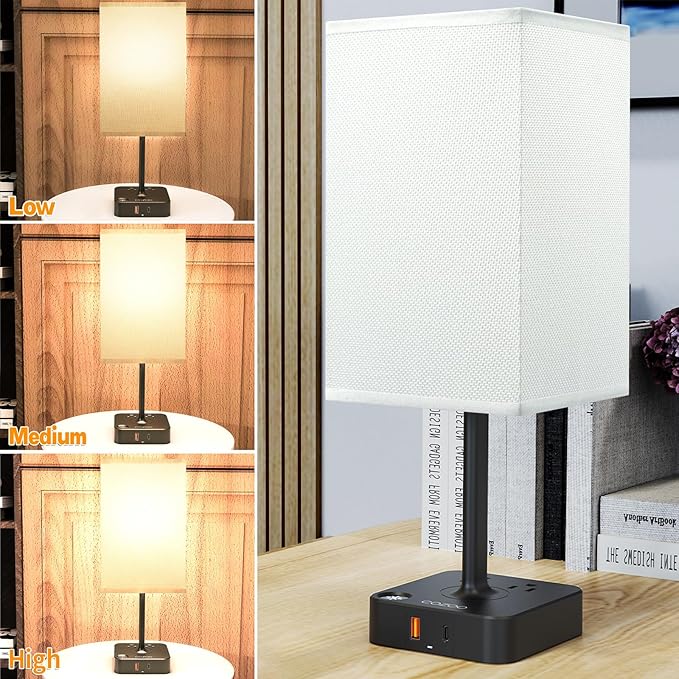 Table Lamp Dimmable cozoo USB Bedside Table Desk Lamp with 2 USB Charging Port(A+C) 2 Outlet,Nightstand Lamp with Charger Base White Fabric Shade,LED Touch Lamp for Bedroom/LivingRoom/Dorm/Home Office