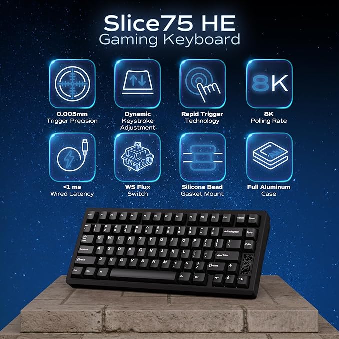 Mechanical Keyboard, Chilkey Slice75 HE Gaming Keyboard Wired, 75% Hall Effect Magnetic Aluminum Keyboard with WS Flux HE Clacky Switch, Rapid Trigger, 8K Polling, Per-Key RGB Custom, PC/Mac Support