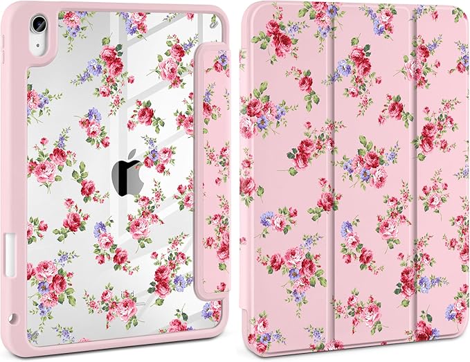 Case for iPad Air 13 inch 2026 M4 2025 M3 2024 M2 Release Slim Lightweight Shockproof Cute Light Pink Cover with Clear Back TPU Edge Pencil Holder Trifold Stand Auto Wake Sleep, Elegant Rose
