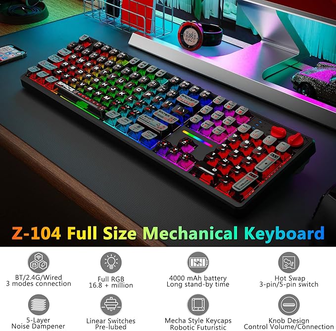 E-YOOSO Wireless Mechanical Keyboard Creamy, Bluetooth/2.4GHz/USB-C Wired, Hot Swappable Pre-Lubed Linear Switches, RGB Backlit, Cyber Mecha Style, Full Size Custom Gaming Keyboard for PC/Mac