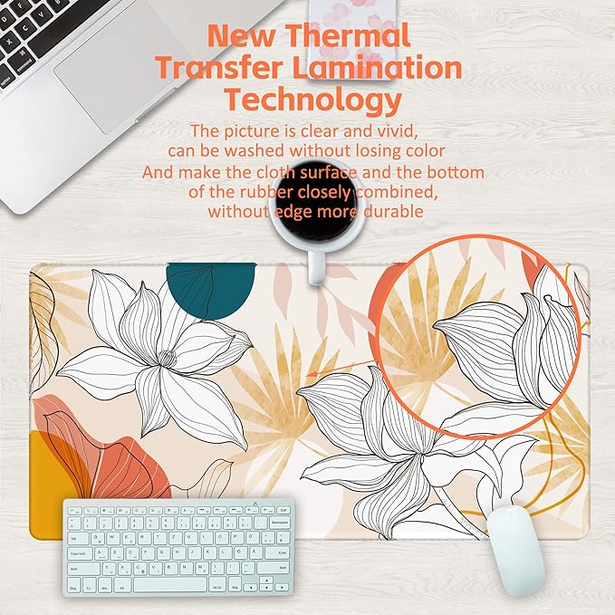 Floral Line Art Desk Pad, Large Gaming Mouse Pad, 31.5"x15.7" Extended Big Computer Keyboard Mouse Pad with Non-Slip Base and Stitched Edge