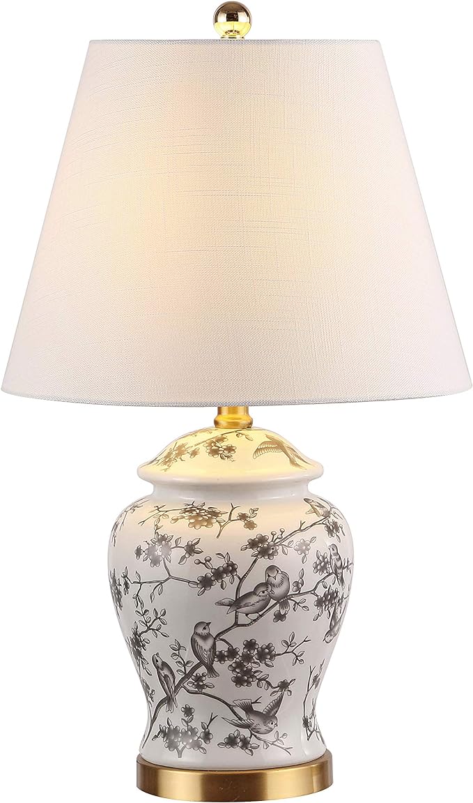 JONATHAN Y 22" Gray/White Ceramic Table Lamp, French Country Chinoiserie Ginger Jar LED Bedside Lamp for Living Room Bedroom, White Linen Shade (JYL3005C)