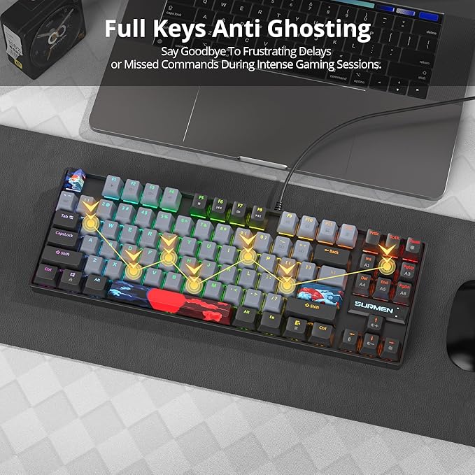 75% Mechanical Gaming Keyboard with Red Switch, RGB LED Backlit Keyboard Grey, 87 Keys Compact TKL Wired Computer Keyboard for Windows Laptop PC Gamer (87 Dolch)