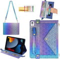 Shiny Case for iPad 9th 8th 7th Gen 10.2"/iPad Air 2019/iPad Pro 10.5, Techcircle Crossbody Iridescent Folio Stand Wallet Case with Pencil Holder+Card Slots+Hand Strap+Shoulder Strap, Shiny Indigo