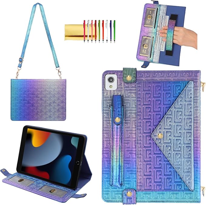 Shiny Case for iPad 9th 8th 7th Gen 10.2"/iPad Air 2019/iPad Pro 10.5, Techcircle Crossbody Iridescent Folio Stand Wallet Case with Pencil Holder+Card Slots+Hand Strap+Shoulder Strap, Shiny Indigo