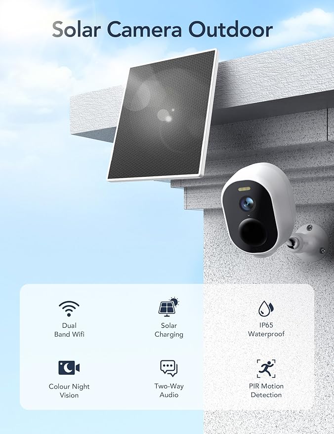 GNCC Solar Security Camera Wireless Outdoor, 2K Battery Powered Camera with Solar Panel, 5G&2.4GHz WiFi, Spotlight Color Night Vision, AI Motion Detection, Siren Alarm, Cloud/SD Storage (White-1 Pack)