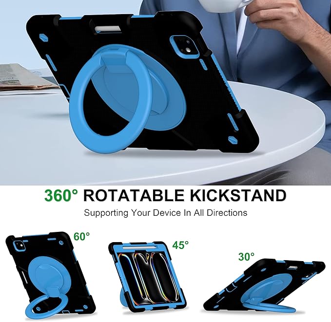 Andnary Case for iPad Pro 11 Inch M4 2024/M5 2025 Case, Heavy Duty Shockproof Cover with Screen Protector/360° Rotate Stand/Shoulder Strap/Pencil Holde (Black+Blue, iPad Pro M4/M5 11 inch)