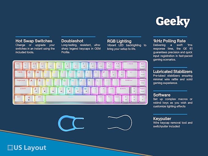 Geeky GK65 65% | Hot Swappable Mechanical Gaming Keyboard | 68 Keys Multi Color RGB LED Backlit for PC/Mac Gamer | ANSI US American Layout (White, Mechanical Speed Yellow)