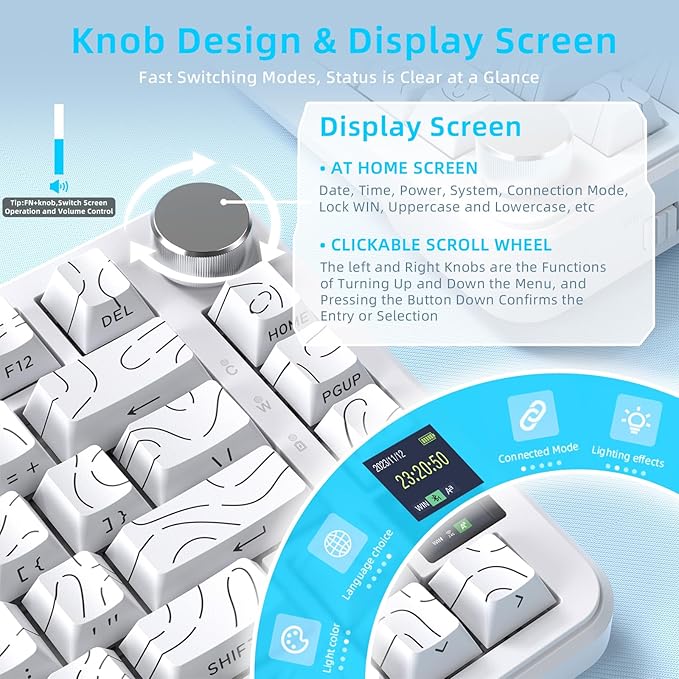 ATTACK SHARK X85PRO 75% Wireless Mechanical Keyboard,TFT Smart Display & Knob,BT/2.4GHz/Wired Gaming Keyboard,Contour Side Print Shine-through Keycaps,RGB,Hot-Swap,with Pro Cable, for PC/MAC (White)