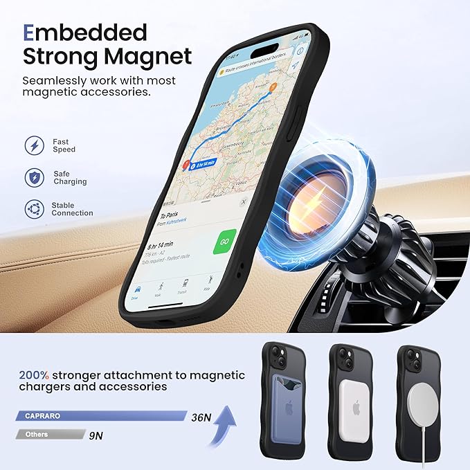 CAPRARO for iPhone 15 Plus Case with 360° Spin Magnetic Stand for Women, [Compatible with MagSafe] [Full Camera Protection] Cute Wave Translucent Matte Case for iPhone 15 Plus, Black