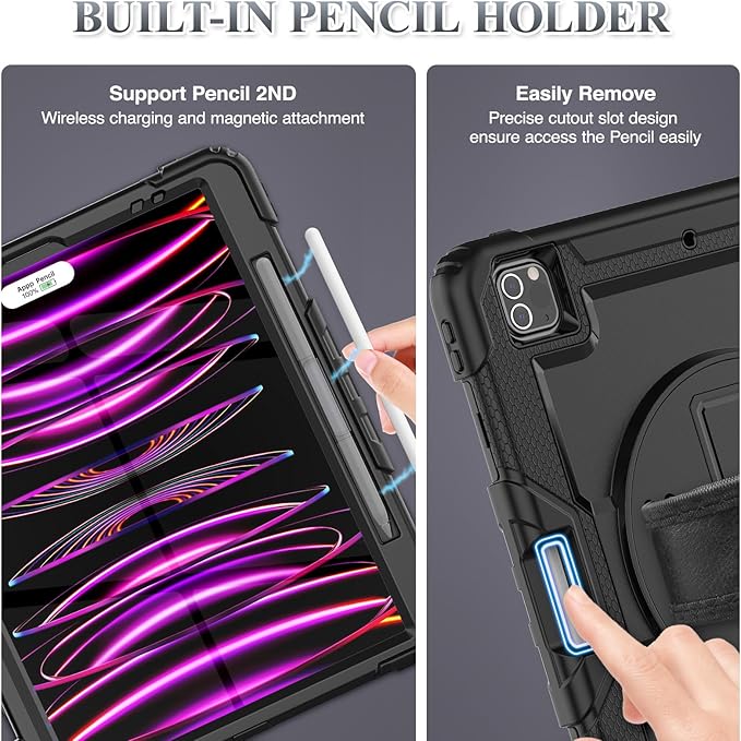 SEYMAC stock Case for iPad Pro 12.9'' 2022/2021/2020/2018 with Screen Protector 360 Rotating Stand Hand Strap, Drop-Proof Case for iPad Pro 12.9''(6th/5th/4th/3rd Generation), Black