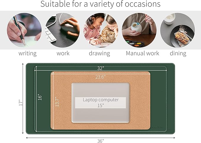 RENMTURE Dual-Sided Mouse Pad, Natural Cork & PU Leather Large Desk Pad for Office and Home Work, Desk Protector Non-Slip, Waterproof, Easy Clean (Dark Green, 23.6" x 13.7")