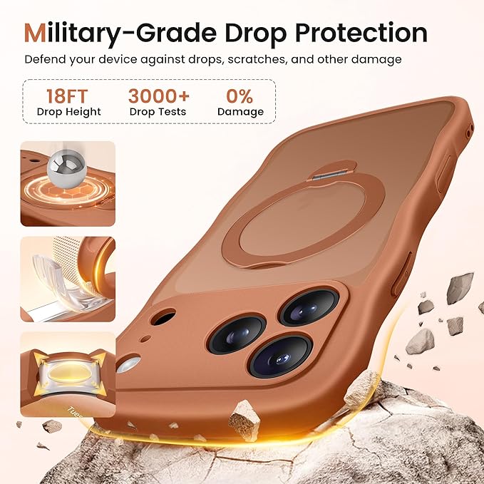 CAPRARO for iPhone 17 Pro Max Case with 360° Spin Magnetic Stand for Women, [Compatible with MagSafe] [Full Camera Protection] Cute Wave Translucent Matte Case for iPhone 17 Pro Max, Cosmic Orange
