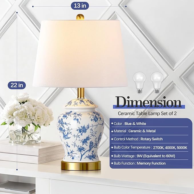 QiMH Chinoiserie Ceramic Table Lamps Set of 2 for Living Room, Vintage Traditional Bedside Lamps for Night Stands, 22" Large Blue and White Table Lamp for Bedroom Cottage, Gold(LED Bulbs Included)