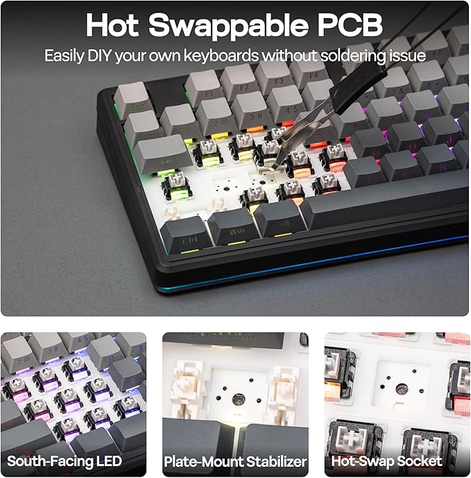 MechLands Aula F87 PRO V2 Wireless Gaming Keyboard with 10000mAh Battery, 8K Polling, SOCD/MT/TGL, BT/2.4GHz/Wired, Hot Swap TKL Mechanical Keyboard with Creamy Gasket, RGB Backlit (Black Gradient)