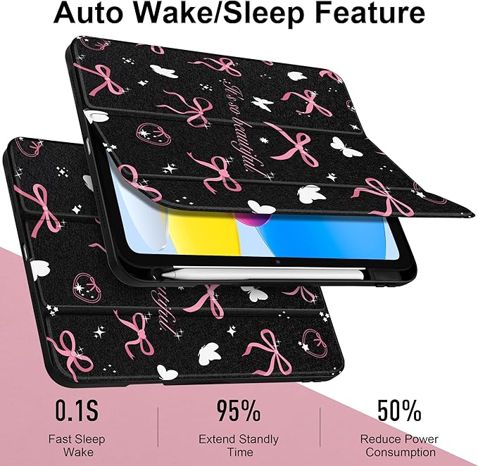 Case for iPad Air 11 inch M4 2026 M3 2025 M2 2024,iPad Air 5th (2022) / 4th (2020) 10.9 Inch Clear Back Shell Lightweight Shockproof Trifold Stand Auto Wake Sleep Cute Cover, Pink Bow