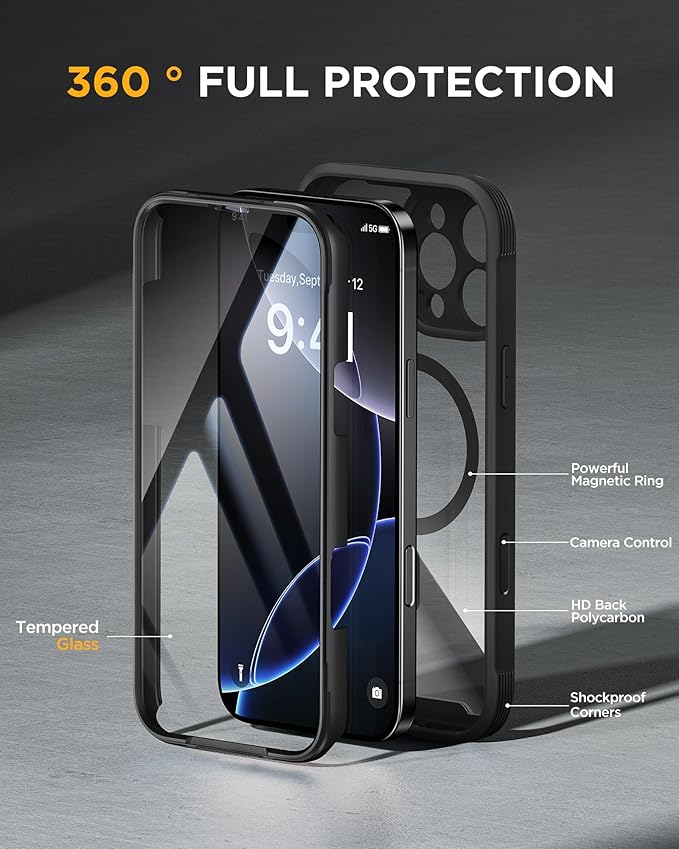 Miracase Magnetic for iPhone 16 Pro Case Full-Body Phone with Built-in Glass Screen Protector, [Compatible with MagSafe] Military Drop Proof 16 Pro Cover Bumper 6.3 inch, Black