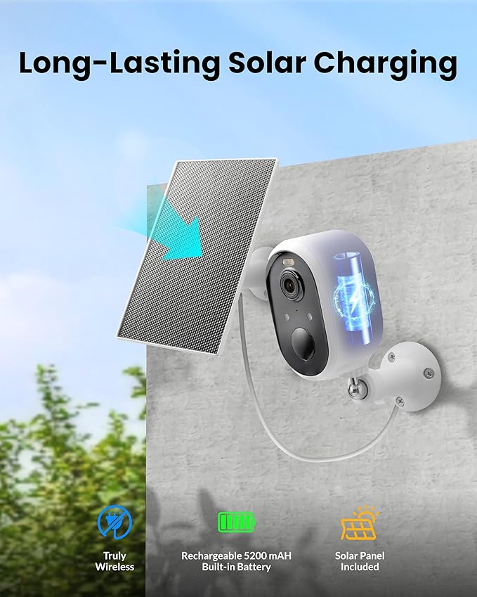 Solar Security Camera Outdoor Wireless, 5MP(3K) Color Night Vision, Battery Powered PIR Motion Detection,2.4GHz WiFi Cameras for Home Surveillance, Light and Sound Alarm, 2-Way Audio, Waterproof