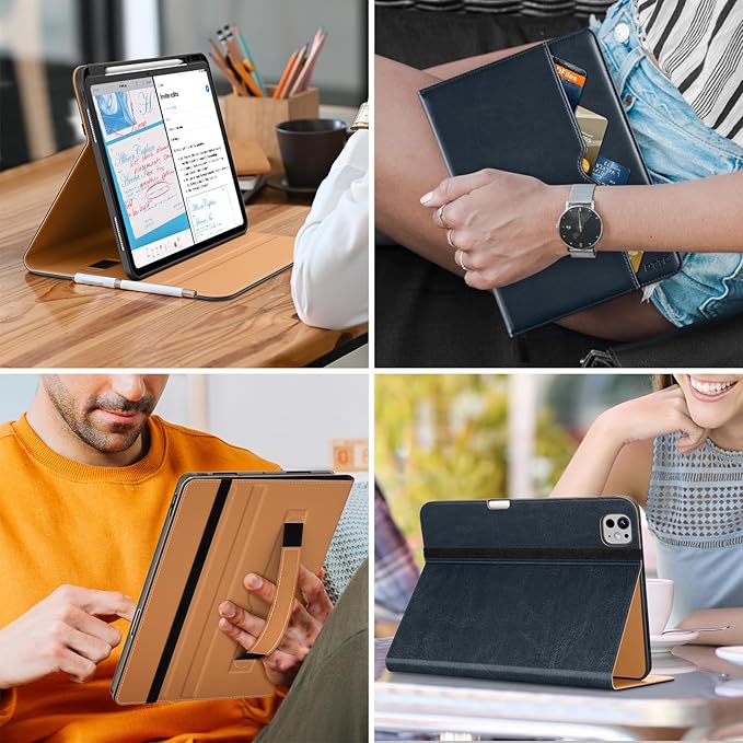 DTTO for iPad Pro 13 inch Case (M5/M4) 2025/2024, Premium Leather Business Folio Stand Cover with Pencil Holder - Auto Wake/Sleep & Multiple Viewing Angles, Built in Hand Strap & Pocket, Blue