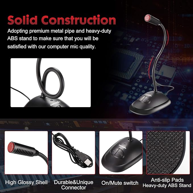 Perrycom USB Computer Microphone, Plug&Play Cardioid Condenser PC Laptop Mic, On/Off and Mute Buttons with LED Indicator, Compatible with Windows/Mac, Ideal for YouTube,Zoom,Recording,Games (6ft)