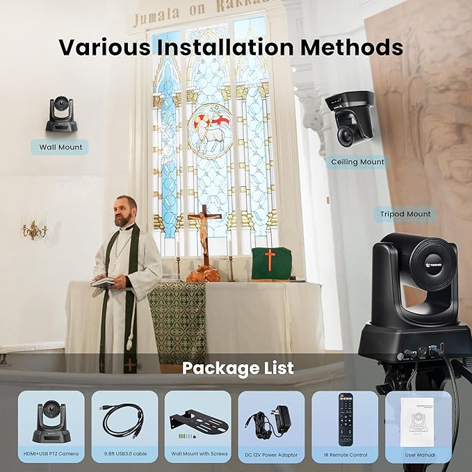 TONGVEO Conference Room PTZ Camera System with 20X Optical Zoom, AI Auto Tracking 1080P 60fps HDMI USB Webcam for Church Streaming Online Video Conference,Compatible with Zoom, OBS Easy Setup