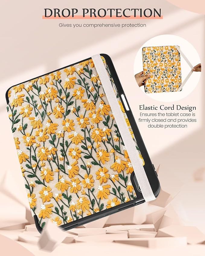 Uppuppy for iPad 10th Generation Case, for iPad (A16) 11th Generation Case - Women Girls Cute Embroidered Folio Stand Cover with Pencil Holder & Card Slot Design Aesthetic Girly Kawaii Yellow Daisy