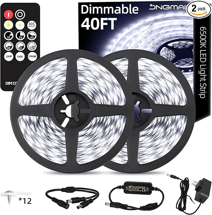 40ft LED Strip Lights with Remote, 6500K Daylight White Dimmable Tape Lights, 12V 720 LEDs 2835 Strong Adhesive Rope Lights for Cabinet Kitchen Ceiling Closet Vanity Mirror Stairway Basement
