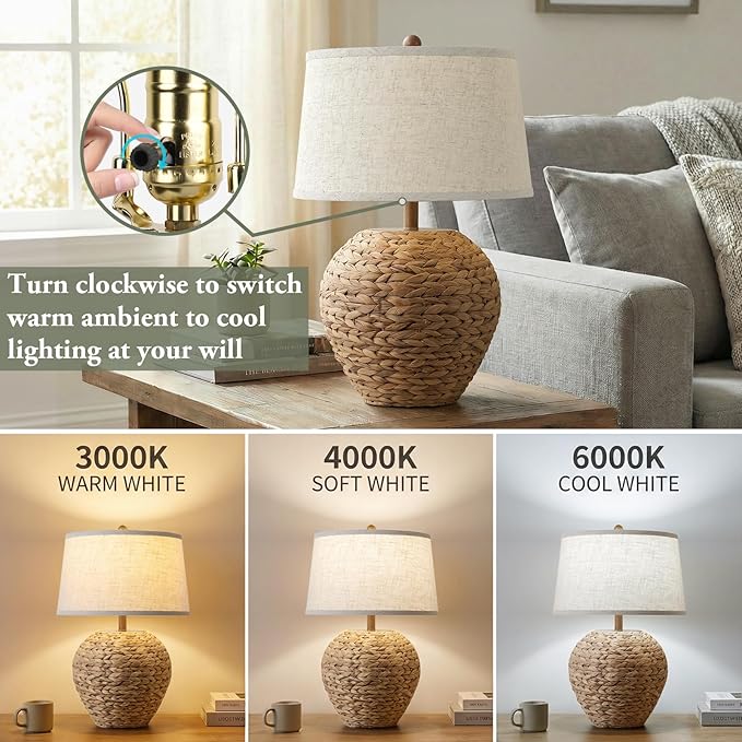 TOBUSA 25’’ Rattan Table Lamp for Living Room, Coastal Boho Wicker Lamp with 3 Color Temperatures, Farmhouse Rustic Seagrass Woven Basket Lamp for Bedroom Nightstand End Table Cottage, Bulb Included