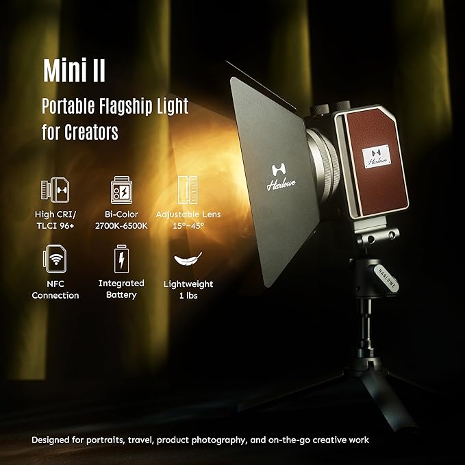 Harlowe Mini II 20W LED Video Light, 1800LM Bi-Color 2700K-6500K Dimmable Photography Lighting Standard Kit with Magnetic Accessory Mount, 15°-45° Beam Lens for Streaming, Vlogging, Zoom & Studio