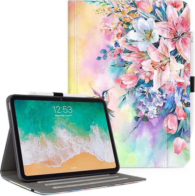 Vimorco Case for iPad (A16) 11th Generation 2025, for iPad 11th/10th Generation Case, Pencil Holder/Hand Strap/Pocket, Multiple Stand Protector Shell Cover, Auto Wake/Sleep, Hummingbird Flower