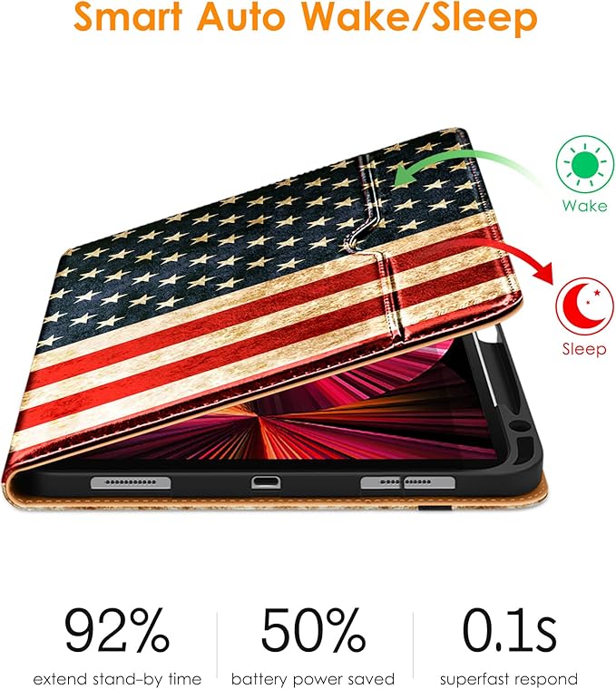 DTTO Case for iPad Pro 11 Inch 4th / 3rd / 2nd / 1st Generation 2022/2021/2020/2018,Premium PU Leather Folio Stand Cover with Hand Strap, Auto Wake/Sleep,Multiple Viewing Angles, US Flag
