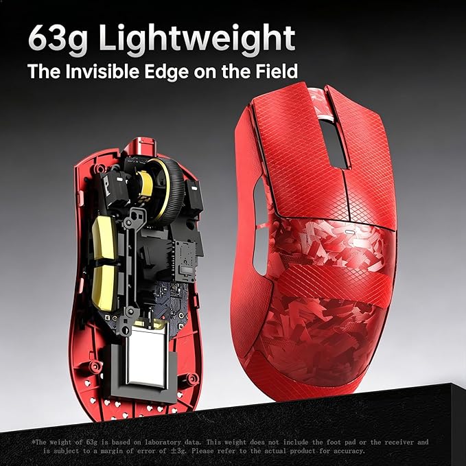 ATTACK SHARK X11Ultra 8K Carbon Fiber Wireless Gaming Mouse with 42000 DPI-PAW3950 MAX Sensor-63g Lightweight,Nordic 54L15 MCU Chip,Wired/BT/2.4Ghz,100 Million Clicks,Programmable for PC FPS(Red+Tape)