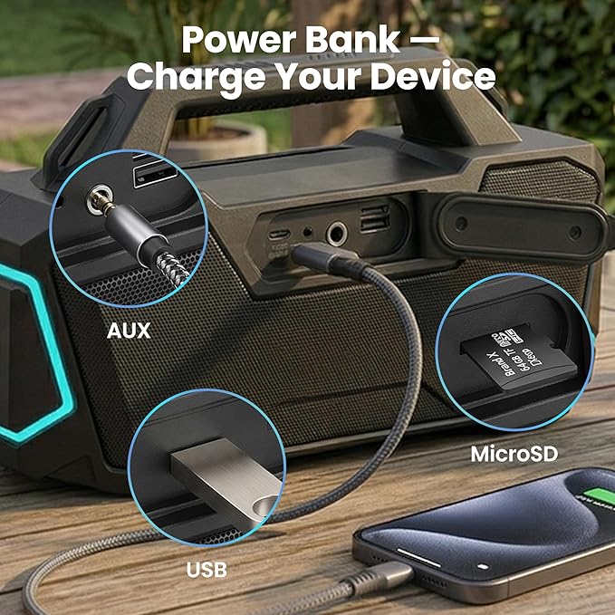 GEARit Boombox Outdoor Speaker Portable | 120W Subwoofer Deep Bass Karaoke | IPX6 Waterproof RGB Light Bluetooth 5.3 EQ | AUX/MicroSD/USB Power Bank 12H Playtime for Camping Beach Party Pool Gift