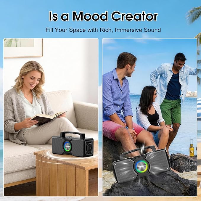 Hupoaf Speakers Bluetooth Wireless,160W Max Loud Bass Outdoor Speaker, IPX7 Waterproof, Boombox Sound, All Day Battery, Wireless TWS Pairing Speaks Portable for Party, Outsides, Beach,Garage